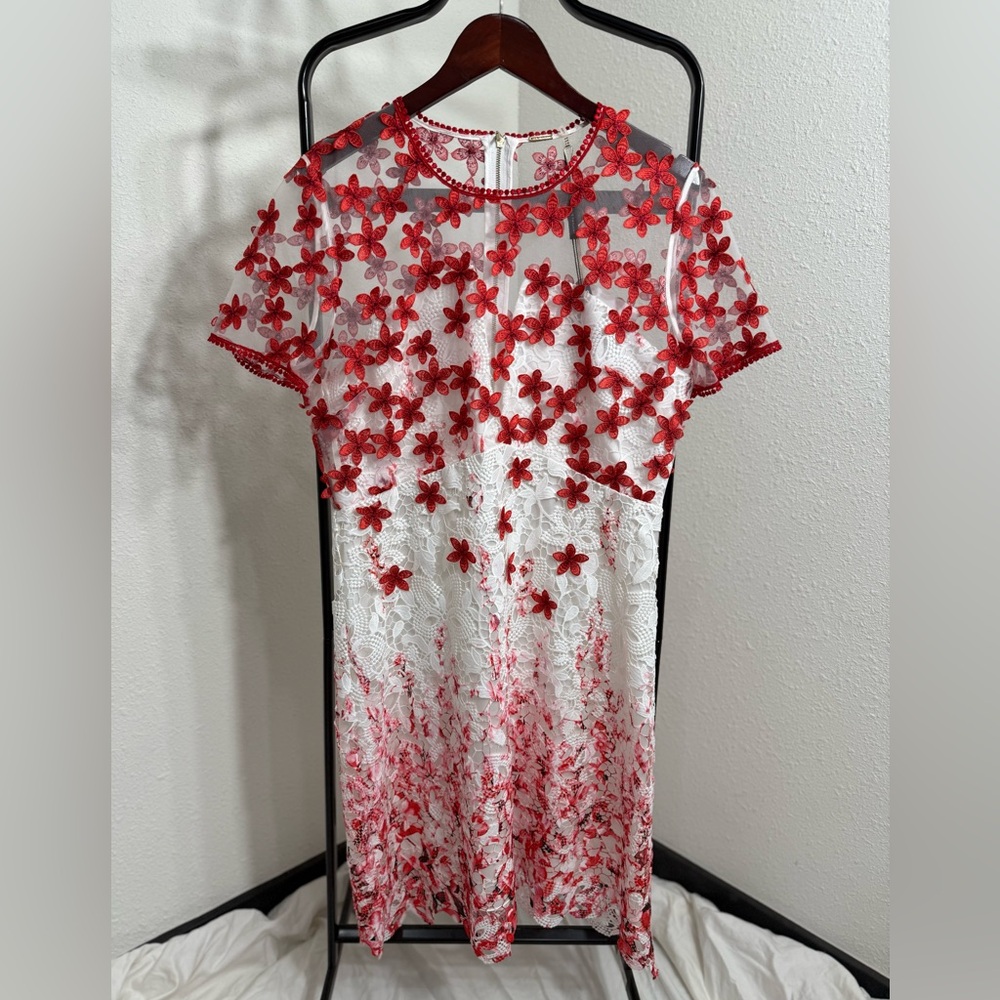 Elie Tahari Red and White Sheath Midi Dress NWT